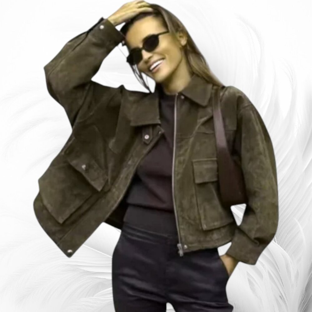 Olive-Brown Faux Leather Zip-Up Bomber Jacket with Pockets Size: M